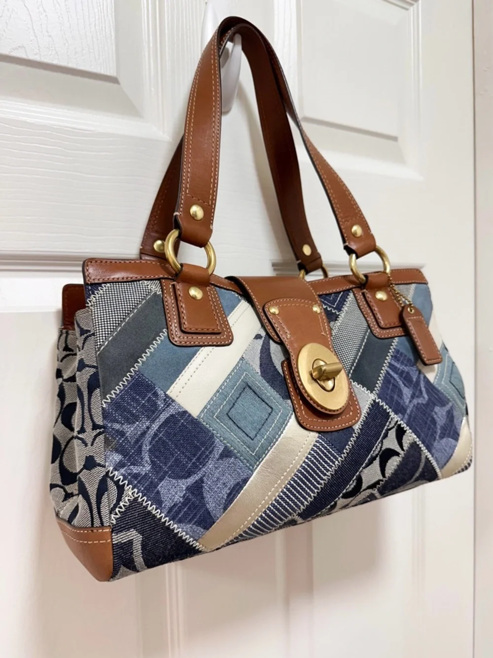 Coach Hamptons Satchel Bag Denim Patchwork Saddle Leather Turnlock